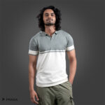 Cotton T-Shirt Jersey Slim Polo V-Neck Half Sleeves Light Olive With Off White